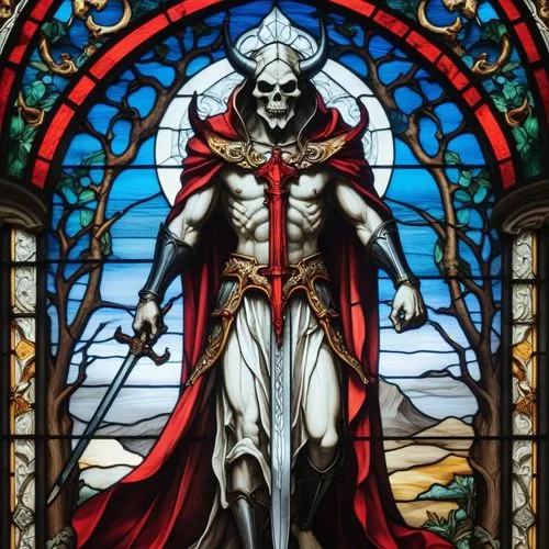 stained glass with a skeleton and a large red cape on it,malekith,hordak,angra,stained glass window,morbius,stained glass