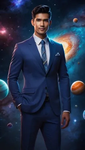 Handsome man with chiseled jaw, blue eyes, short dark hair, wearing a suit, studio lighting, portrait ,a male in a suit and tie in the space,vivek,mahendravarman,natekar,gautam,astrocytomas,mahendra s