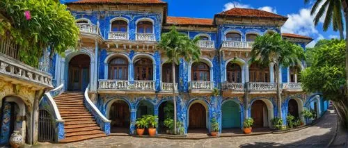 Colonial Brazilian architecture, vibrant colorful buildings, ornate Baroque details, curved lines, tropical plants surrounding, lush greenery, bright sunlight, warm atmosphere, exotic palm trees, intr