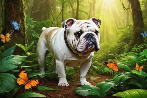 Imagine an exotic bulldog exploring a mystical forest filled with magical creatures.,dwarf bulldog,renascence bulldogge,dorset olde tyme bulldogge,white english bulldog,continental bulldog,english bul