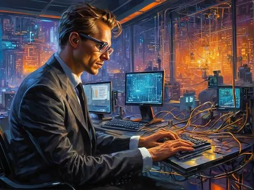 man with a computer,cybertrader,computerologist,cyberpunk,cyberscene,cypherpunks,cypherpunk,cryptologist,cybernet,datamonitor,computer room,cyberonics,cybertown,technologist,cyber glasses,computerisation,cyber crime,cybercriminals,shadowrun,computerworld,Conceptual Art,Oil color,Oil Color 22