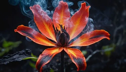 The flame flower has no petals but smoke as leaves and fire sparkles as petals,flame lily,flame flower,fire flower,orange lily,fire poker flower,lily flower,firecracker flower,tiger lily,african lily,