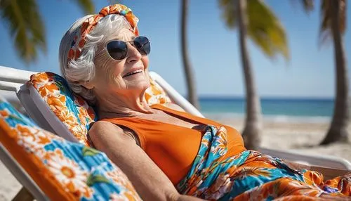 Old lady, mature woman, relaxed posture, eyes closed, gentle smile, wrinkled skin, silver hair, sunglasses, floral swim cap, bright orange swimsuit, beach towel wrapped around waist, lying on a comfor