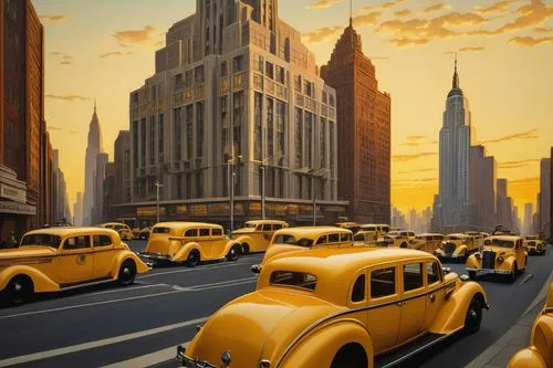 yellow taxi,new york taxi,travel poster,hildebrandt,taxicabs,yellow car,art deco,fleetline,schoolbuses,feininger,feitelson,radebaugh,chrysler building,blohowiak,mcquarrie,willink,tretchikoff,cabbies,taxis,school buses,Art,Classical Oil Painting,Classical Oil Painting 43