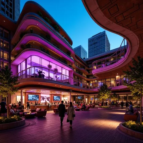 Vibrant music venue, fusion architecture, curved lines, metallic accents, neon lights, stage lighting, soundproofing materials, acoustic panels, wooden flooring, raised platforms, VIP areas, bars, lou