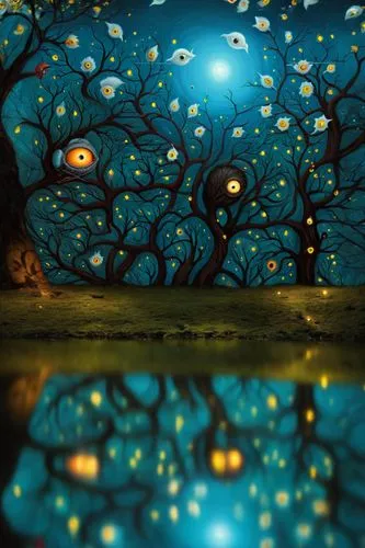 mushroom landscape,drawing with light,cartoon forest,glass painting,tree lights,glow in the dark paint,cartoon video game background,magic tree,koi pond,fireflies,underwater background,fairy lanterns,fairy forest,tree grove,light paint,forest floor,blue spheres,blue mushroom,children's room,illuminated lantern