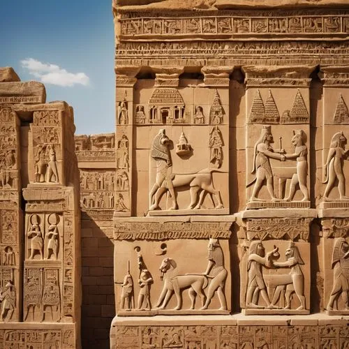 Ancient Sumerian art, stone sculpture, intricate carvings, ziggurat temple, Babylonian palace, hanging gardens, ancient city ruins, Mesopotamia, desert landscape, sunny day, warm light, low-angle shot