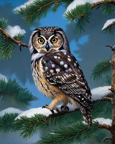 Boreal owl on a spruce tree by Michael Furtman.,christmas owl,siberian owl,lapland owl,owl art,little owl,spotted wood owl,owl nature,kirtland's owl,spotted-brown wood owl,owl pattern,owl background,o