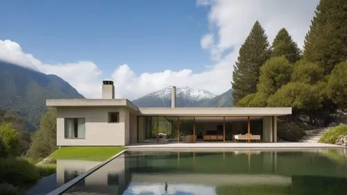 fondo con laguna artificial y montaña rocosa con sedimientos naturales de bosque frondoso, con una suave lluvia de primavera con cielos nublados y ambiente discreto, el modelo se adapta a el entorno c