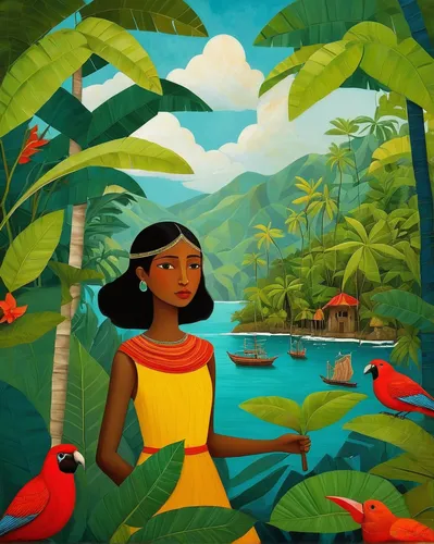 dominica,costa rica,kerala,tahiti,polynesia,antigua,haiti,dominican republic,girl on the river,jamaica,belize,khokhloma painting,seychelles,mayotte,tropical birds,colombia,moana,polynesian girl,mural,island residents,Art,Artistic Painting,Artistic Painting 29