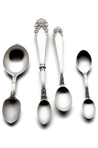 Silver spoons, various shapes, ornate handles, shiny surface, reflective metal, detailed engravings, lay on white background, soft focus, warm lighting, 3/4 composition, shallow depth of field, still 