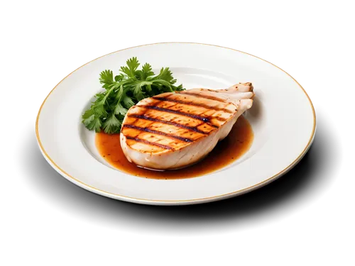 Delicious plate, grilled chicken breast, golden brown skin, juicy meat, steaming hot, white plate, ornate edges, garnish with parsley, lemon slice on side, shallow depth of field, warm lighting, 3/4 c