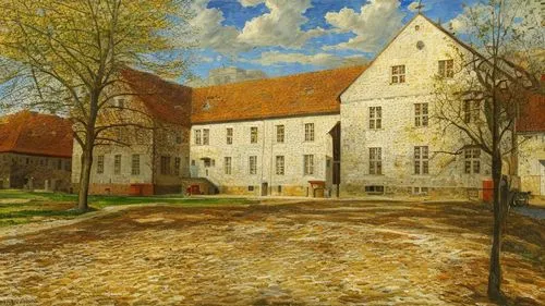 Oil painting, style of Pieter Bruegel the Elder, landscape, Renaissance, Middle Ages, impasto painting style, Depict the household courtyard of the German stone monastery of St. Mary and Gertrude in o