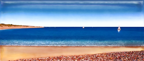 Seaside scenic view, calm ocean waves, blue sky with white clouds, horizon line, sailboat in distance, seagulls flying overhead, sandy beach, pebbles scattered, driftwood, morning sunlight, soft warm 