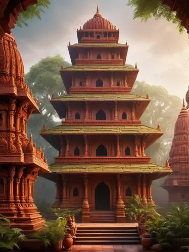 Mandir architecture design, ancient Indian temple, intricate carvings, ornate pillars, towering spires, vibrant red sandstone, golden accents, delicate filigree, lush greenery surrounding, misty morni