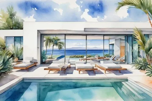 oceanfront,palmilla,beach house,watercolor palm trees,oceanview,amanresorts,ocean view,fresnaye,holiday villa,beachfront,penthouses,paradisus,tropical house,beachhouse,luxury property,roof top pool,homeaway,dream beach,pool house,watercolor blue,Illustration,Paper based,Paper Based 25