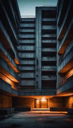 Brutalist building, concrete structure, rugged texture, industrial atmosphere, modernist interior, minimal decor, cold tone, sharp lines, geometric shapes, raw material, urban landscape, cityscape bac