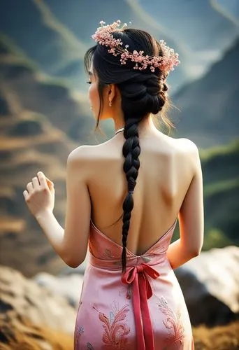 spectacular scene of Ha Giang nature in the background, an elegant Vietnamese lady with long braided black hair wears a tribal electic chic backless dress with Vietnamese tribal pattern in light earth