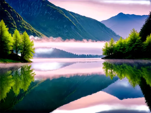 Serene landscape, misty morning, mountain range, lush green trees, calm lake, reflection of mountains, soft sunlight, warm color tone, 3/4 composition, shallow depth of field, cinematic lighting, mist