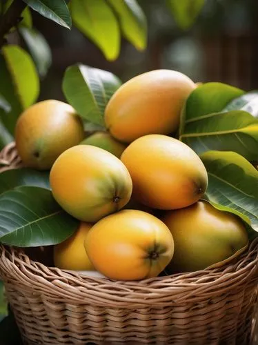 Mangoes, tropical fruit, vibrant yellow skin, juicy pulp, sweet aroma, lying on a wicker basket, surrounded by green leaves, wooden table, outdoor setting, sunny day, warm lighting, shallow depth of f