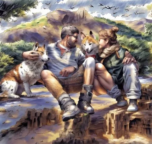 shepherd romance,mans best friend,service dogs,boy and dog,hikers,fishermen,man and wife,forest workers,companion dog,men sitting,hunting dogs,shepherds,father's love,wolf couple,happy father's day,family dog,oil painting,idyll,world digital painting,oil painting on canvas