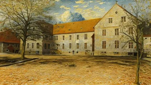 Oil painting, Pieter Bruegel the Elder style, landscape, Renaissance, Middle Ages, impasto painting style, Depicts the main building, The walls are made of light beige stone, the roofs are red-brown t