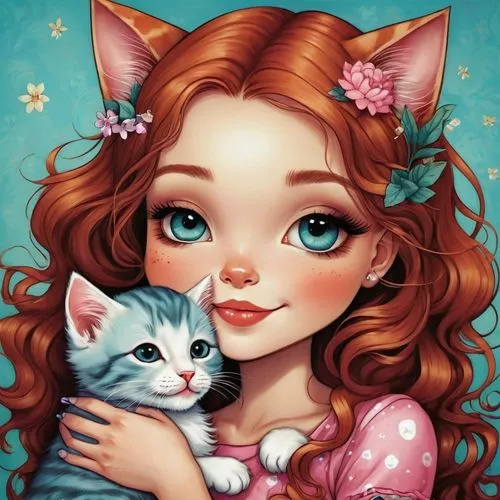 merida,kitten,fantasy portrait,calico cat,kittens,doll cat,romantic portrait,custom portrait,elsa,fairy tale character,blossom kitten,kat,fairy tale icons,kitten willow,cute cartoon image,ginger kitten,cute cartoon character,kitty,cat lovers,fairytale characters,Illustration,Abstract Fantasy,Abstract Fantasy 10