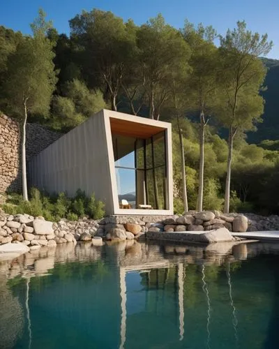 DISEÑO EXTERIOR DE UNA CABAÑA ESTILO MINIMALISTA, A BASE DE UNA ESTRUCTURA DE ACERO, FORRADA CON LAMINA DE ACERO, TROQUELADA NEGRA, CON UN VENTANAL PANOMRAMICO, SOPORTADA POR UN MURO DE PIEDRA, QUE CO