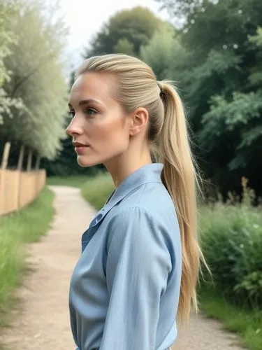 The picture shows a person with long, blond hair tied back in a high ponytail, standing barefoot outdoors in a wooded area. In the background are trees, bushes and a hint of a small fence in the middl