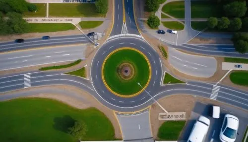 Esto es un glorieta donde circulan vehiculos, el centro es de cesped, colocar vehículos, arboles, etc,an aerial view of intersection in a city,highway roundabout,roundabout,roundabouts,intersection,in