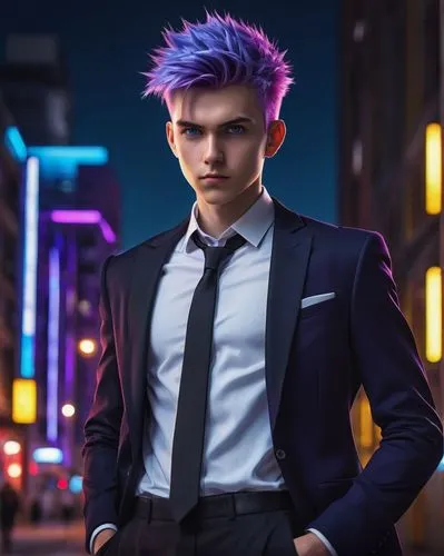 Anime boy, purple spiky hair, bright blue eyes, sharp facial features, slender build, white shirt with open collar, black tie, red blazer, formal pants, black dress shoes, standing, confident pose, ur