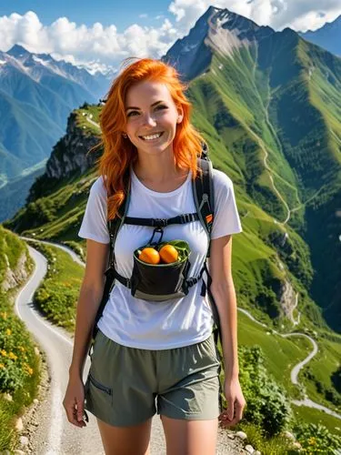 a young woman with bright orange hair and a mischievous grin approaches the winding roads of a mountain range, revealing a beautiful landscape around her. She carries a backpack filled with fresh frui