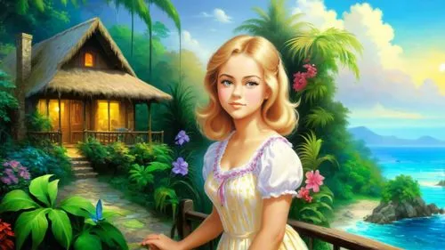 Romantic masterpiece oil painting, cute girl portrait, nostalgic 1950's style kitsch, vibrant rainforest bungalow landscape, lush tropical jungle paradise, summer beach scenery, by Thomas Kinkade, by 