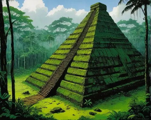 A ruined pyramid in the middle of the Amazon rainforest on a rainy day,yavin,tikal,eastern pyramid,pyramid,chichen itza,step pyramid,yaxchilan,xunantunich,bonampak,azteca,rathas,mypyramid,palenque,pyr