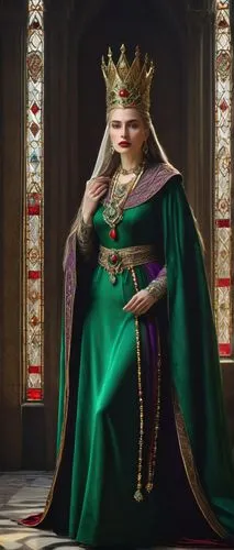 Ancient Agarathian queen, majestic, powerful, mature lady, golden crown, intricate hair braids, emerald green eyes, bold eyebrows, red lipstick, lavish white and purple robe, velvet cloak, ornate jewe