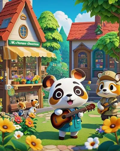 banjo player,pandero jarocho,villagers,banjo uke,banjo,music festival,banjo guitar,musicians,children's background,kawaii panda,serenade,farm animals,meadow play,monkeys band,cavaquinho,game illustration,spring background,panda,music background,bard,Art,Classical Oil Painting,Classical Oil Painting 24