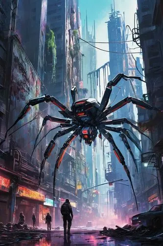 giant spider,walking spider,cybercity,cyberpunk,cybertown,arachnid,spider network,arachnoid,tarantula,spider,cyberworld,shelob,arachnophobia,cyberia,arachnids,underworlds,shadowrun,urbanworld,sci fiction illustration,anansi,Conceptual Art,Graffiti Art,Graffiti Art 08