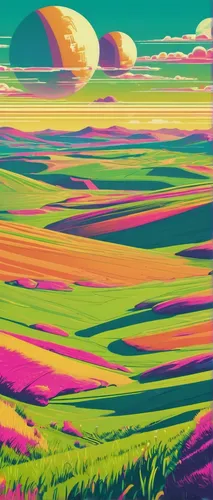 Colorful Rolling Grasslands of Palouse,futuristic landscape,plains,mushroom landscape,dune landscape,alien planet,cosmos field,retro background,earth rise,desert planet,alien world,purple landscape,lu