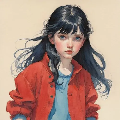 girl portrait,portrait of a girl,young girl,jean jacket,heatherley,huayi,Illustration,Paper based,Paper Based 17