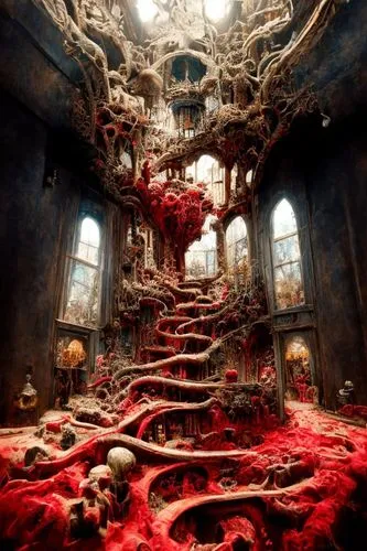 hall of the fallen,ornate room,fantasy art,3d fantasy,mandelbulb,fractal environment,fractals art,ghost castle,labyrinth,abandoned room,lovecraftian,great room,witch's house,dream art,ossuaries,red ea