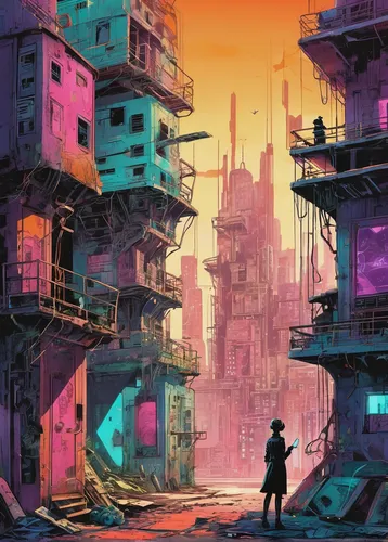 Write a suspenseful scene where a pris-inspired android outsmarts a blade runner in an abandoned, dilapidated apartment complex.,cyberpunk,colorful city,dystopian,cityscape,dystopia,futuristic landsca