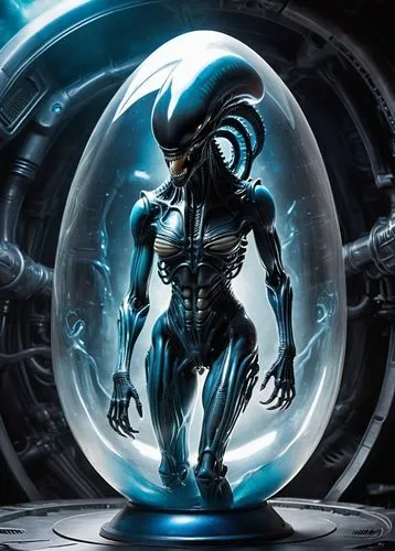 ((friendly woman xenomorf allien inside a transparent cocon egg)) grey head  in space. Her eyes are filled with intense focus.  capturing the world of reality and technology. This transformation is ca