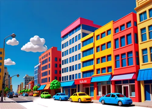 colorful city,toontown,microdistrict,cartoon video game background,shopping street,moc chau hill,toytown,rowhouses,3d rendering,houses clipart,streetscape,streetscapes,mytown,townscape,city scape,toy store,townscapes,marionville,cloudstreet,city buildings,Unique,3D,Clay