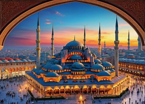 Ottoman Empire style building, grand mosque, intricate stone carvings, ornate Islamic patterns, domes, minarets, arched windows, colorful glazed tiles, vibrant turquoise doors, intricate woodwork, lux