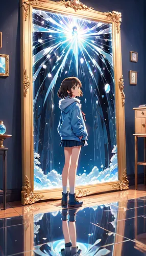 blue room,magic mirror,blue rain,blue star,blue painting,cg artwork,euphonium,sapphire,blue door,art gallery,mirror frame,wonder,aqua studio,3d fantasy,blu,frame illustration,the mirror,electric blue,mirror house,holding a frame,Anime,Anime,Realistic