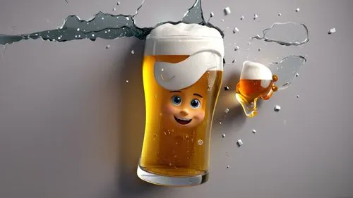 Beer glass breaks when it hits a wall ,a glass of beer with a smile and two glasses of liquid on it,beermann,beer dispenser,beer glass,spaten,warsteiner,pilsner,Unique,3D,3D Character