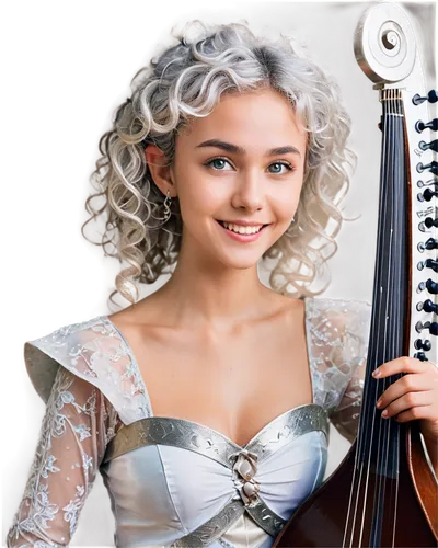 Fantasy elf, pointy ears, slender face, mischievous smile, sparkling eyes, curly silver hair, delicate fingers, gentle touch, playing a lyre, soft music notes, whimsical, dreamy atmosphere, soft focus