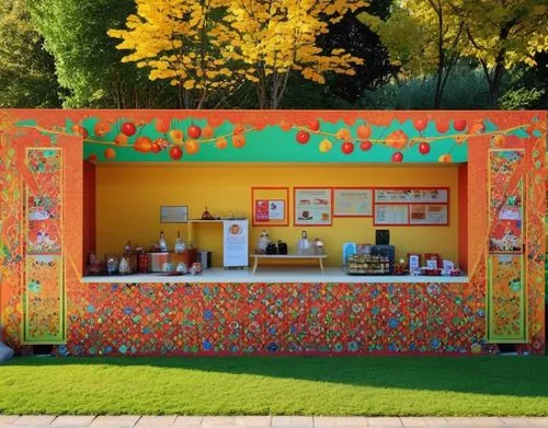 make the exterior of food container, colorful, chashni sweets, sweet container, touch of gold, people moving around, placed in a green area surrounded by outdoor furniture,ice cream stand,flower booth