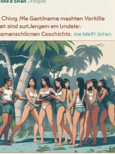 Line drawing of a gathering of people in the jungle,a drawing of people in bathing suits standing together,illustrierte,reichle,virtuelles treffen,volkskrant,sueddeutsche,frauen,Illustration,Vector,Ve