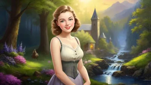 Masterpiece oil painting, gothic dark fantasy scenery, vast treacherous medieval European landscape, by Thomas Kinkade, by Bob Ross,world digital painting,maureen o'hara - female,girl in a long dress,